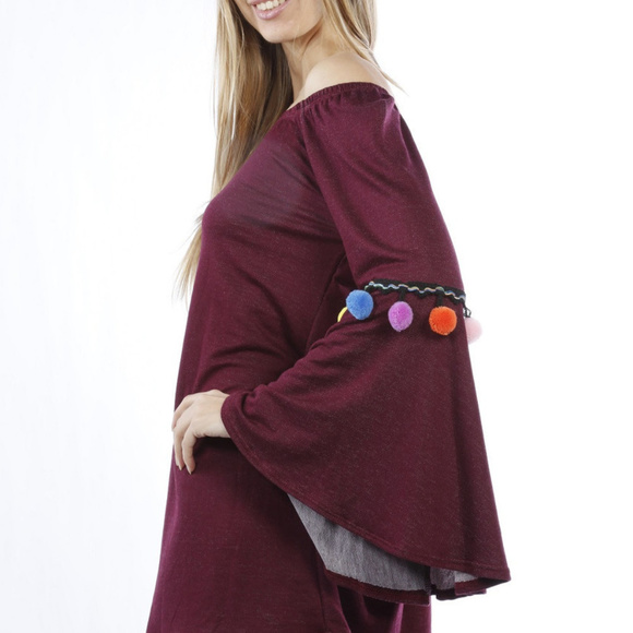 BURGUNDY TUNIC TOP WITH POM POMS - Picture 3 of 4